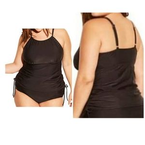 Kona Sol black tankini swimsuit top with drawstring ruching plus sizes 22w, 20w